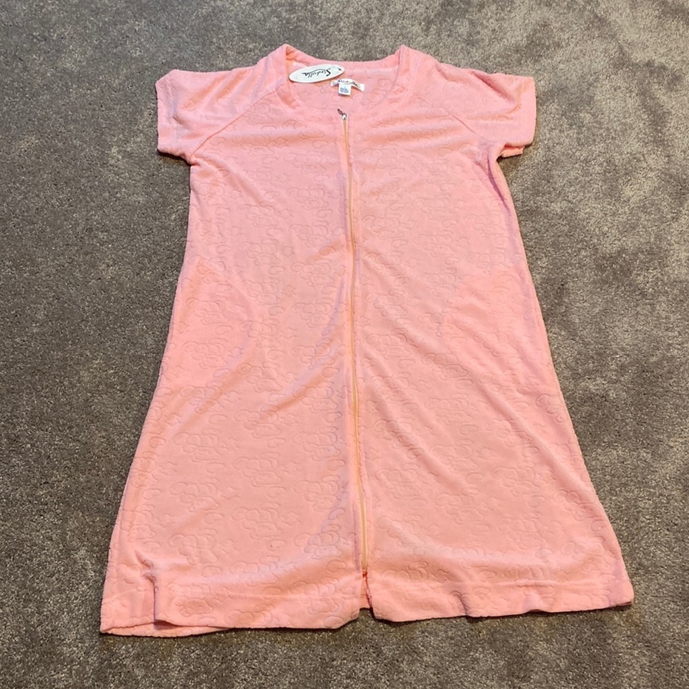 Sindrella Pink Terry Cloth Zip Front Duster Robe SIZE L Lounge Housecoat